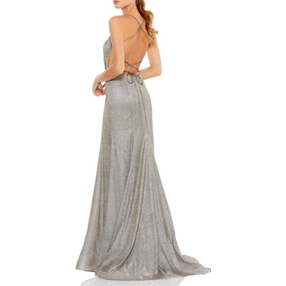 Mac Duggal Silver Lace Up Back Metallic Gown